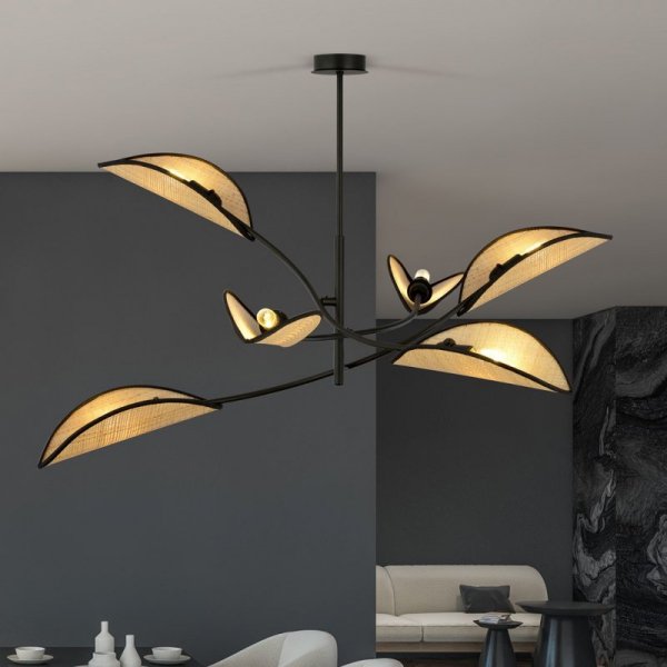 LAMPA WISZĄCA DEKORACYJNA DO SALONU SYPIALNI EMIBIG LOTUS 6 BLACK/RATTAN