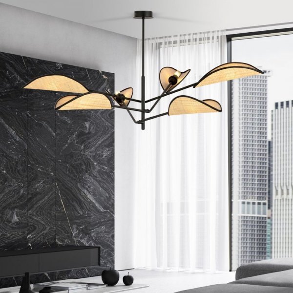 LAMPA WISZĄCA CZARNA DEKORACYJNA DO POKOJU SALONU EMIBIG VENE 6 BLACK/RATTAN