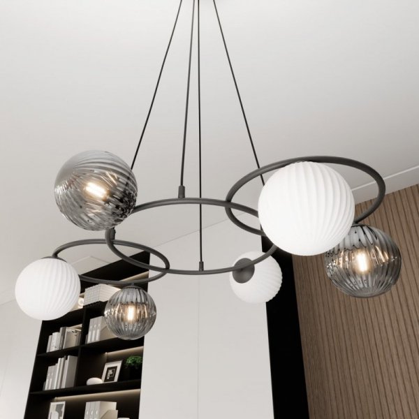 LAMPA WISZĄCA CZARNA KULE DO SALONU LIBRA 6 BL MIX oprawa oświetleniowa