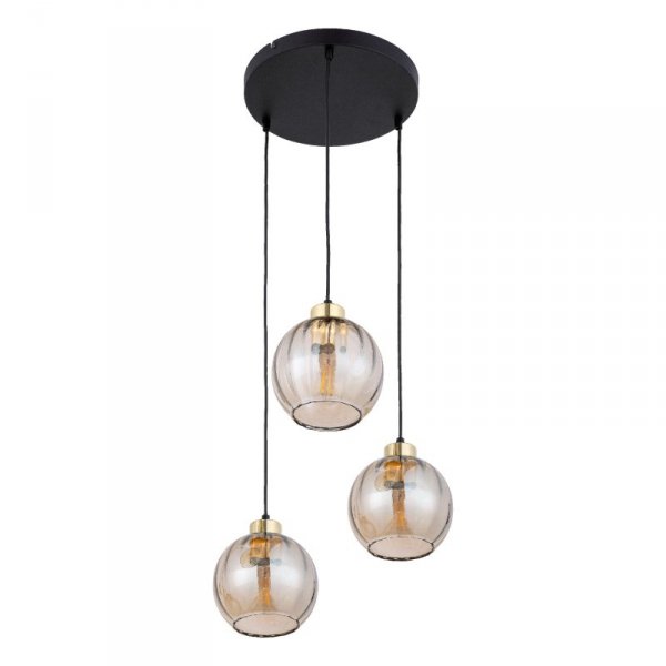TK LIGHTING DEVI AMBER 4637 LAMPA WISZĄCA NA KOLE CZARNO ZŁOTA POTRÓJNA KLOSZE SZKLANE BURSZTYNOWE