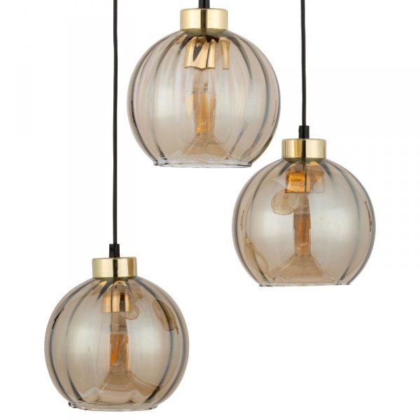 TK LIGHTING DEVI AMBER 4637 LAMPA WISZĄCA NA KOLE CZARNO ZŁOTA POTRÓJNA KLOSZE SZKLANE BURSZTYNOWE