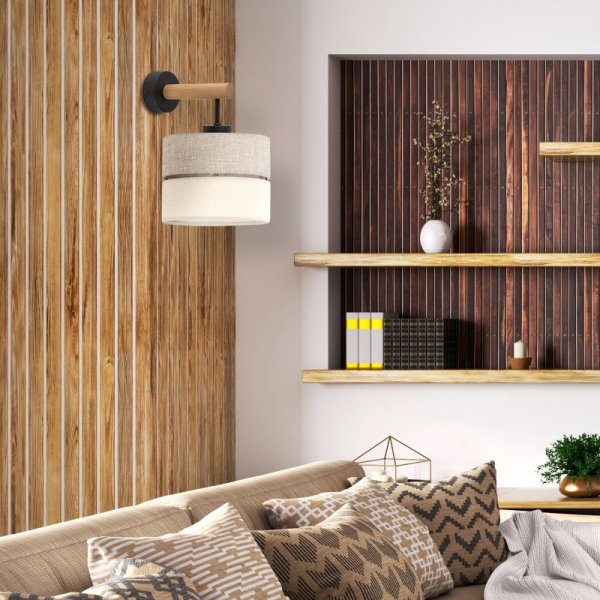TK LIGHTING ECO 5776 KINKIET DREWNIANY Z ABAŻUREM Z TKANINY NATURALNEJ BEŻOWO SZARY