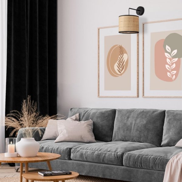 TK LIGHTING LIBERIA 6687 KINKIET CZARNY Z ABAŻUREM ZŁOMKOWYM Z MATERIAŁU RAFIA NATURALNY EKO