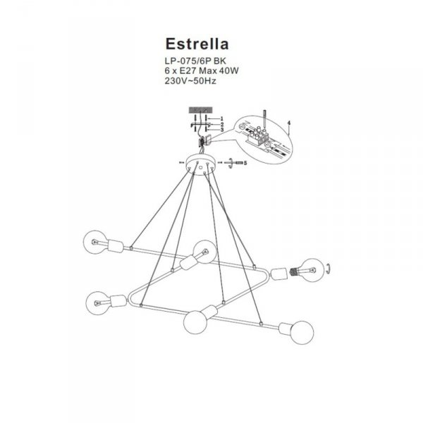 LAMPA WISZĄCA INDUSTRIALNA LOFT EDISON LIGHT PRESTIGE ESTRELLA  LP-075/6P BK