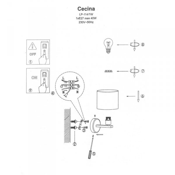 KINKIET CZARNY Z ABAŻUREM KLASYCZNY DO SALONU SYPIALNI POKOJU LIGHT PRESTIGE CECINA  LP-114/1W BK