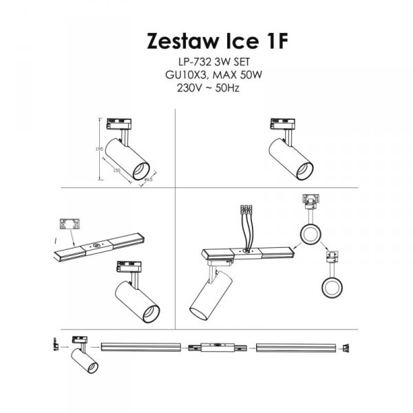 GOTOWY ZESTAW SZYNOPRZEWÓD 1-FAZOWY CZARNY REFLEKTORKI LIGHT PRESTIGE ICE LP-732 3W BK SET