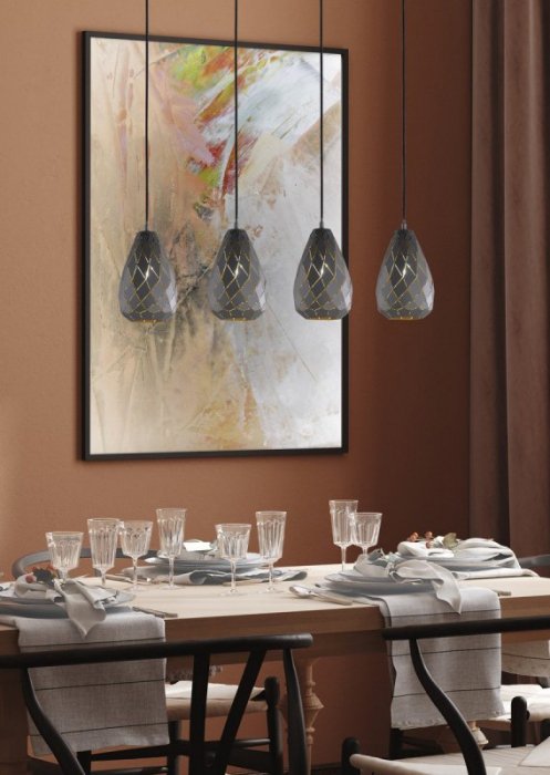 LAMPA WISZĄCA NA LISTWIE POCZWÓRNA NAD STÓŁ DEKORACYJNA ANTRACYT ZE ZŁOTYM ŚRODKIEM DO SALONU JADALNI KUCHNI ONYX 301300442 TRIO