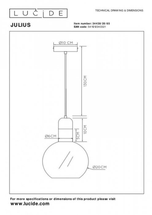 LAMPA WISZĄCA SZKLANA KULA DO KUCHNI SYPIALNI JADALNI LUCIDE JULIUS 34438/20/65