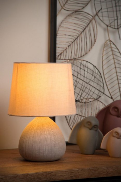 LAMPKA STOŁOWA NOCNA CERAMICZNA BEŻOWA Z BEŻOWYM ABAŻUREM DO SALONU SYPIALNI  RAMZI 47506/81/38