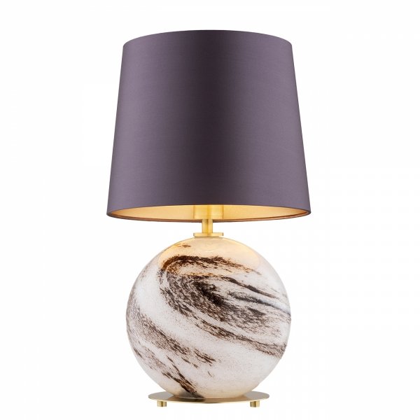 LAMPA STOŁOWA LAMPKA NOCNA SZKLANA MOSIĄDZ SZCZOTKOWANY ALABASTROWA Z ABAŻUREM ŚLIWKOWYM DO SALONU SYPIALNI GLAMOUR ARGON HARLEM 8548