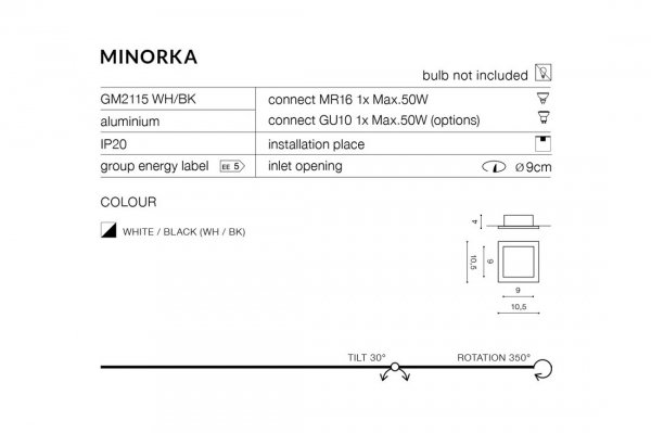 AZZARDO MINORKA AZ1362 LAMPA WPUSTOWA WPUSZCZANA CZARNO BIAŁA