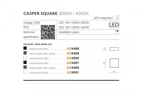 AZZARDO CASPER SQUARE IP54 AZ4499 LAMPA SUFITOWA ZEWNĘTRZNA SZARA KWADRAT 4000K