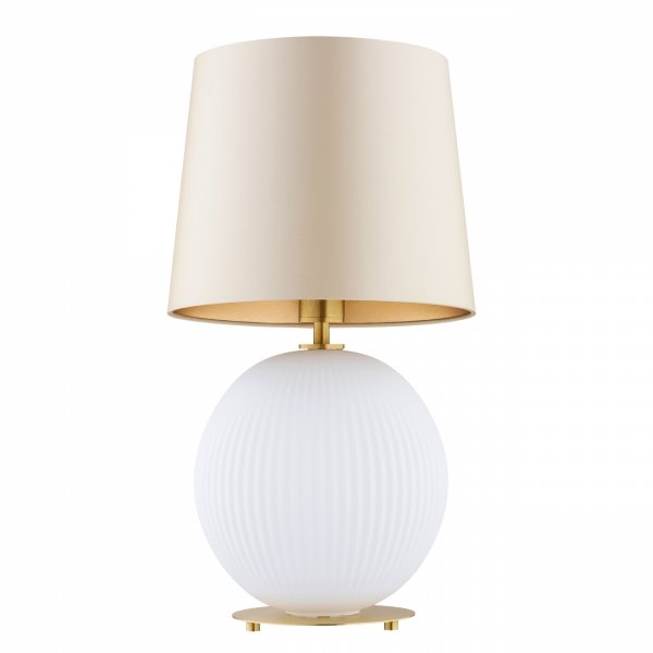 DUŻA LAMPA STOŁOWA NOCNA SZKLANA DO SALONU SYPIALNI NA KOMODĘ W STYLU GLAMOUR BIAŁO ZŁOTA Z BEŻOWYM ABAŻUREM ARGON HAMILTON 8544