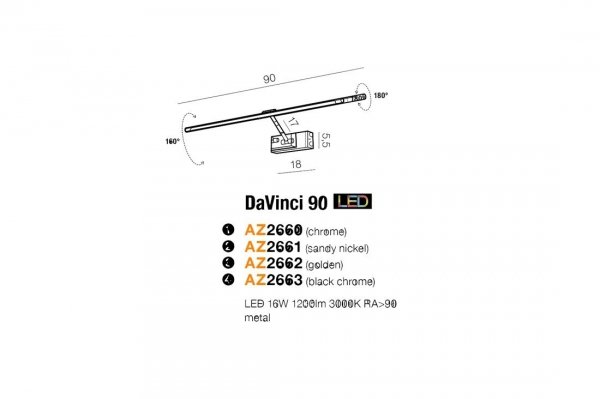 AZZARDO DAVINCI 90 AZ2661 KINKIET NOWOCZESNY REGULOWANY NIKIEL DUŻY