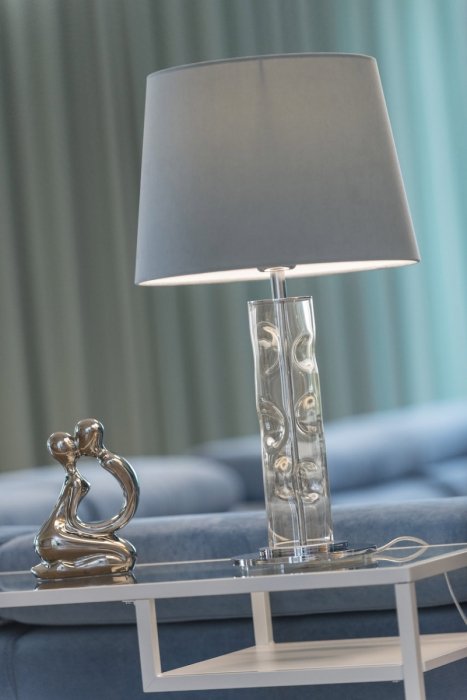 LAMPA STOŁOWA LAMPKA NOCNA SZKLANA Z BŁĘKITNYM NIEBIESKIM ABAŻUREM WELUROWYM GLAMOUR DO SYPIALNI SALONU ARGON NANCY 3844