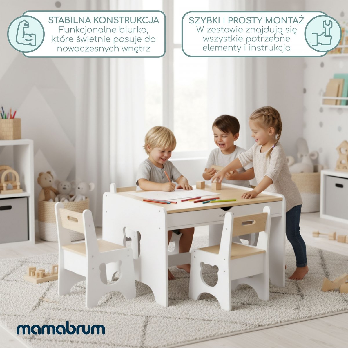 Duży zestaw mebli dla dzieci - biały, drewniany stolik - biurko, dwie szuflady + 4 krzesełka - Miś