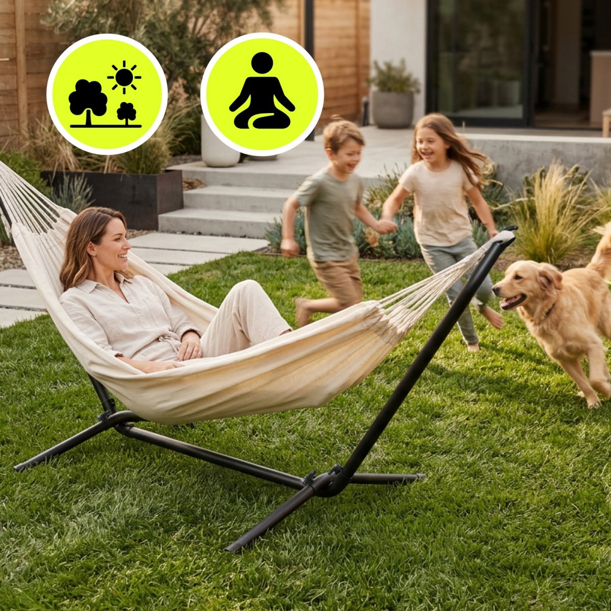 Zestaw hamak ogrodowy + stelaż metalowy – gotowa strefa relaksu