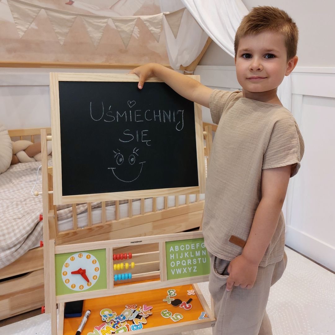 Duża tablica edukacyjna dwustronna: magnetyczna i kredowa - suchościeralna, drewniana