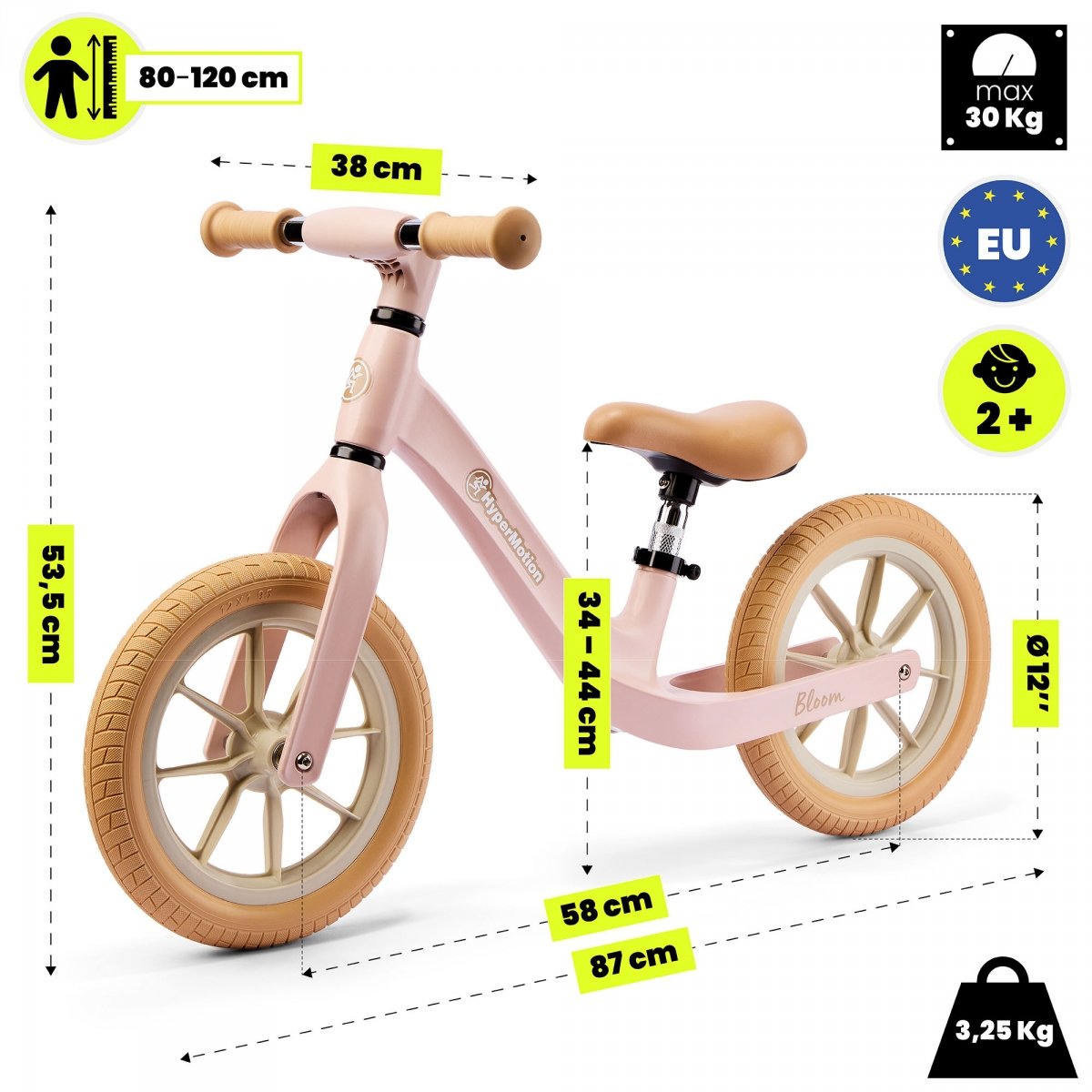 Rowerek biegowy dla dzieci HyperMotion Bloom 12 cali – Pudrowy Róż