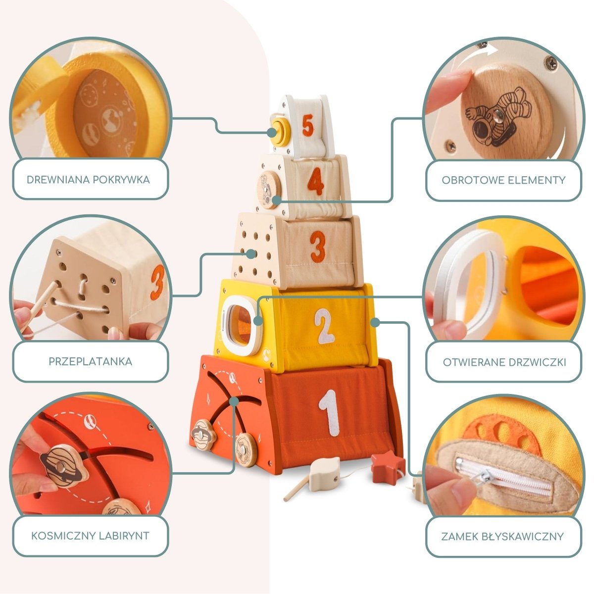 Drewniana piramidka edukacyjna Montessori - sorter kształtów, labirynt, cyfry