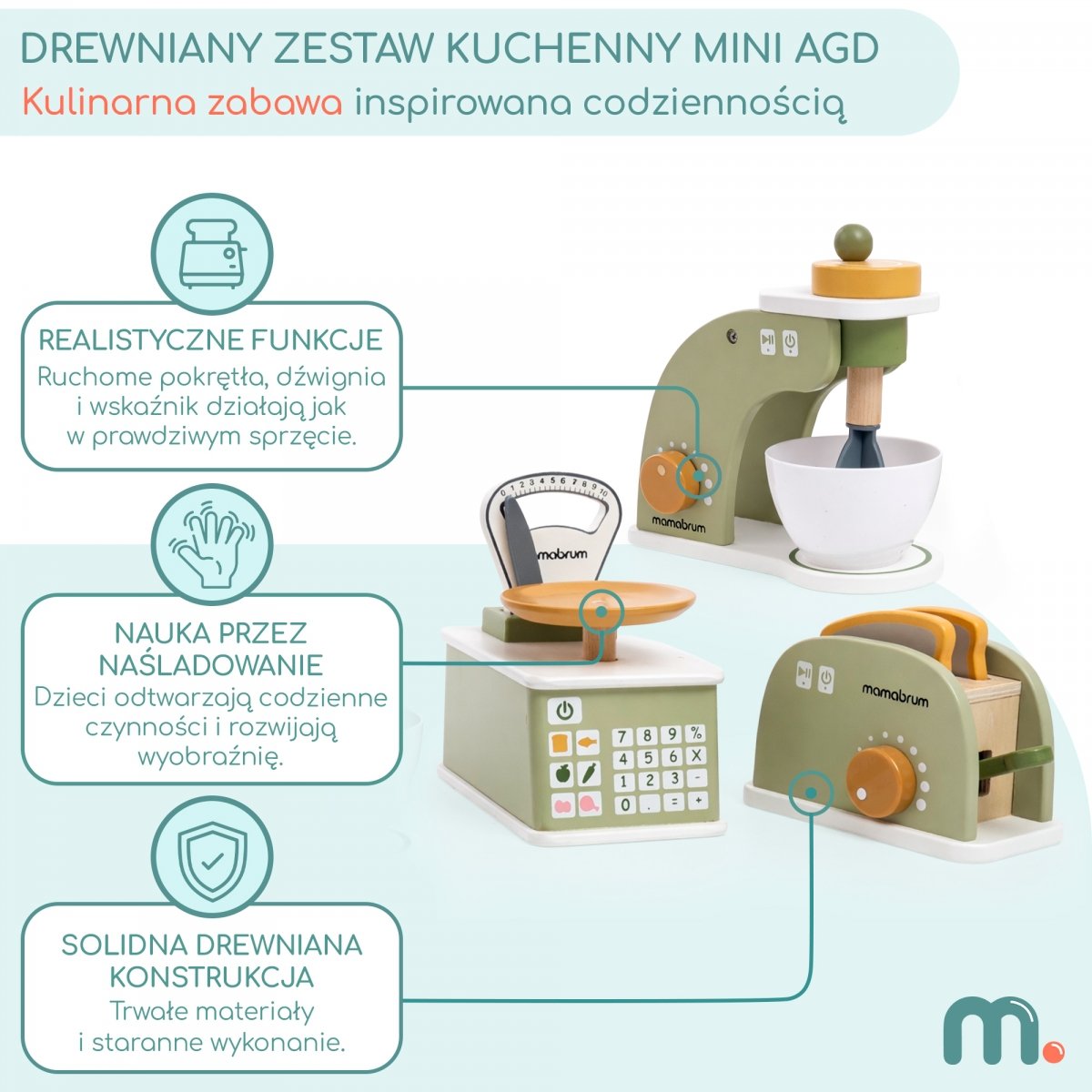 Drewniany zestaw kuchenny dla dzieci mini AGD - mikser, waga i toster