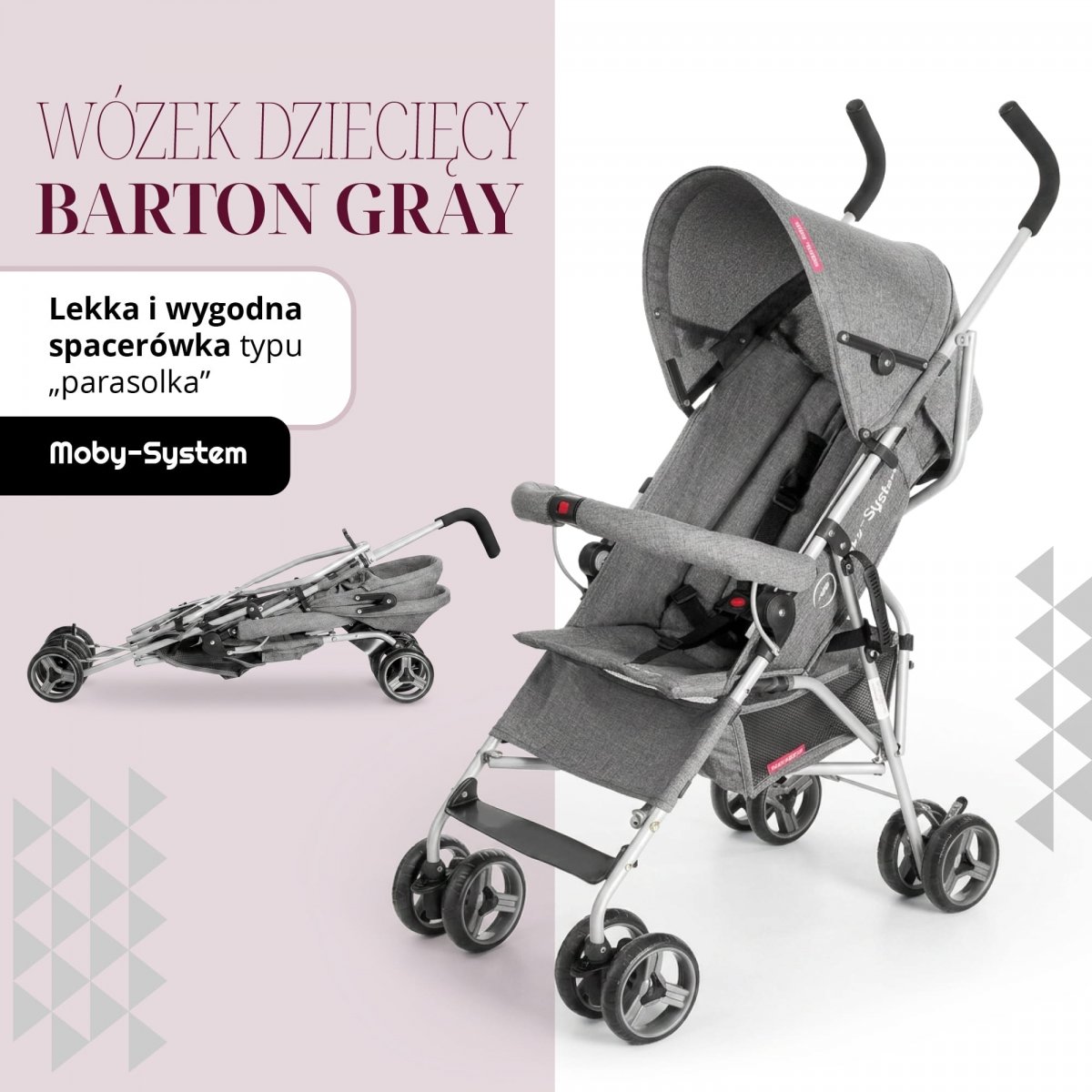 Lekki wózek spacerowy Moby-System BARTON - Szary - parasolka, spacerówka