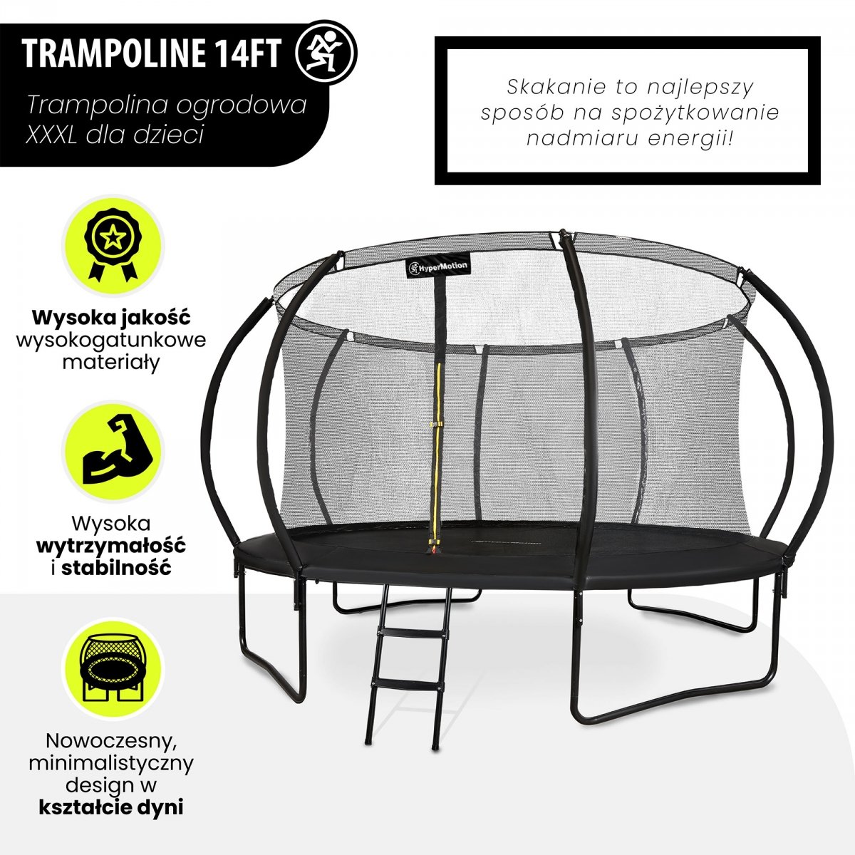 Trampolina ogrodowa XXXL dla dzieci HyperMotion - 430 cm 14FT - z drabinką i siatką wewnętrzną - do domu i ogrodu - 150kg max