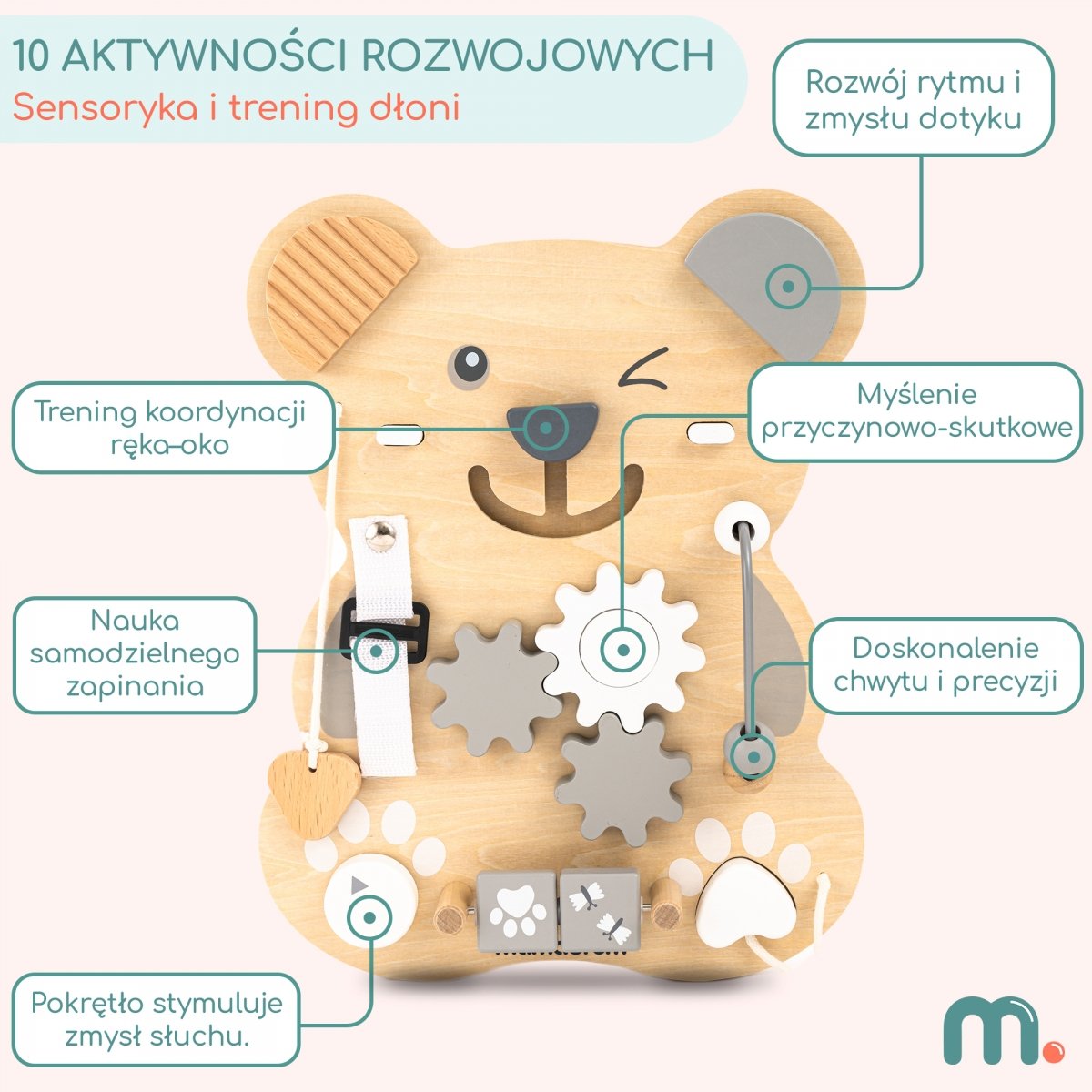 Drewniana tablica manipulacyjna Montessori 10 w 1 sensoryczna, edukacyjna - Miś