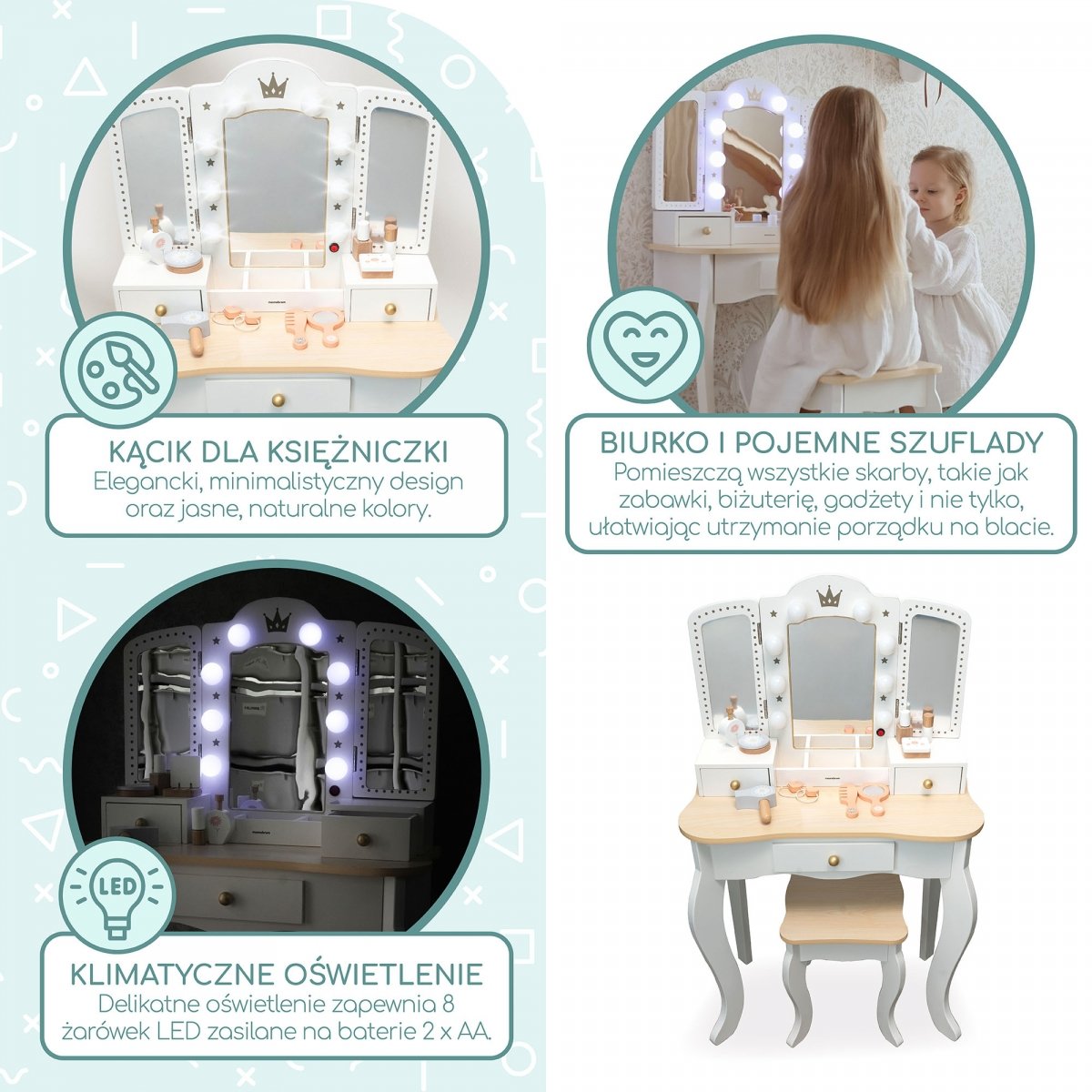 Drewniana toaletka XXL z taboretem i oświetleniem LED dla dzieci + akcesoria