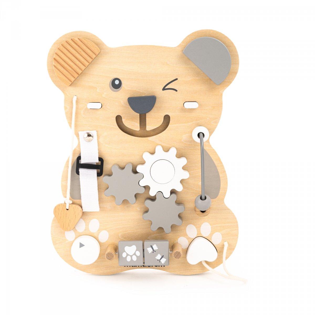 Drewniana tablica manipulacyjna Montessori 10 w 1 sensoryczna, edukacyjna - Miś