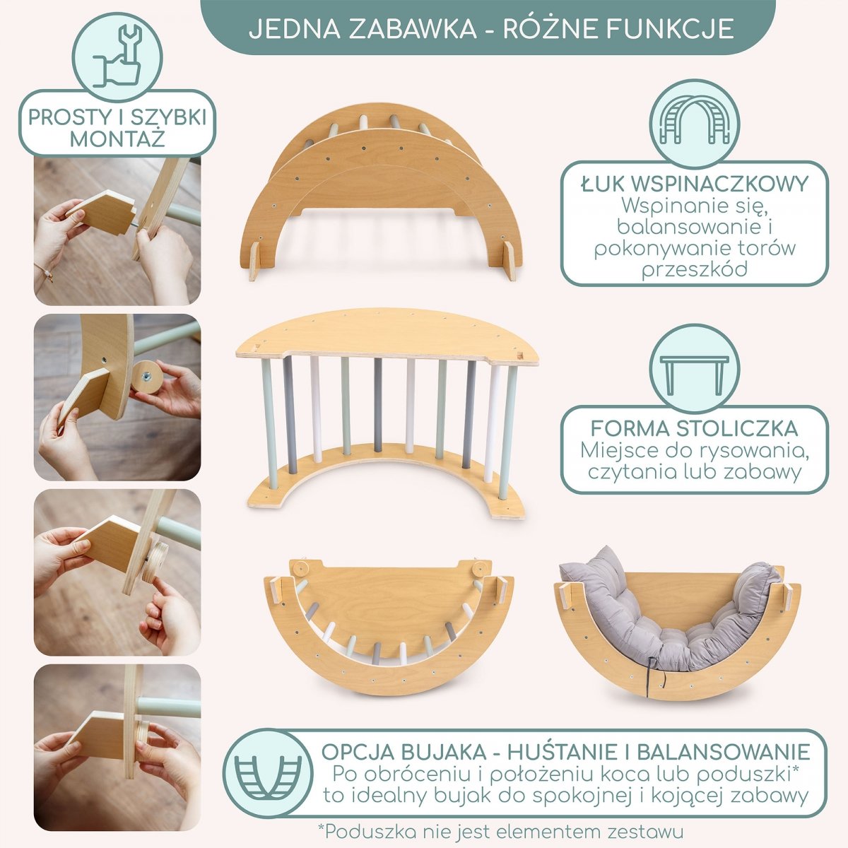 Drewniany domowy plac zabaw dla dzieci - ścianka wspinaczkowa, zjeżdżalnia, łuk wspinaczkowy/bujak i trójkąt Piklera 