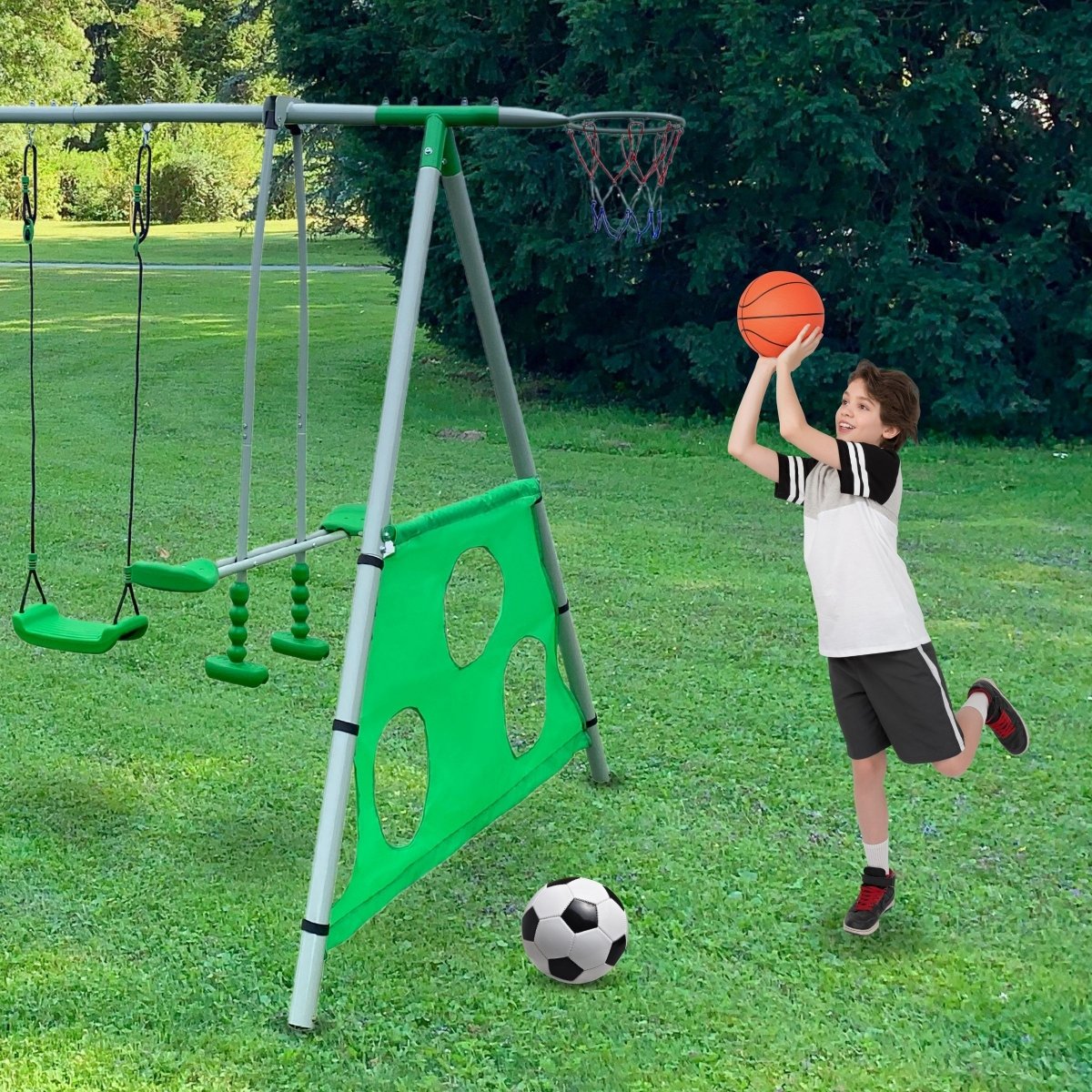 Ogrodowy plac zabaw dla dzieci XXXL z huśtawkami, zjeżdżalnią, trapezem gimnastycznym, koszem do koszykówki i bramką do piłki nożnej