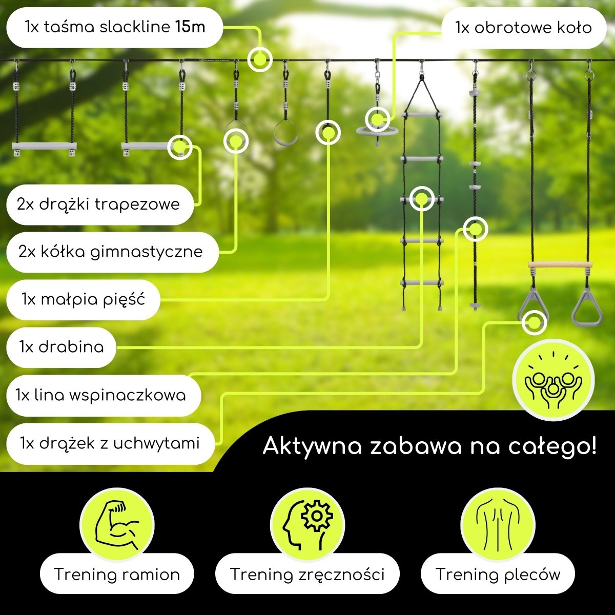 Tor przeszkód Ninja dla dzieci - zestaw slackline HyperMotion - 9 przeszkód