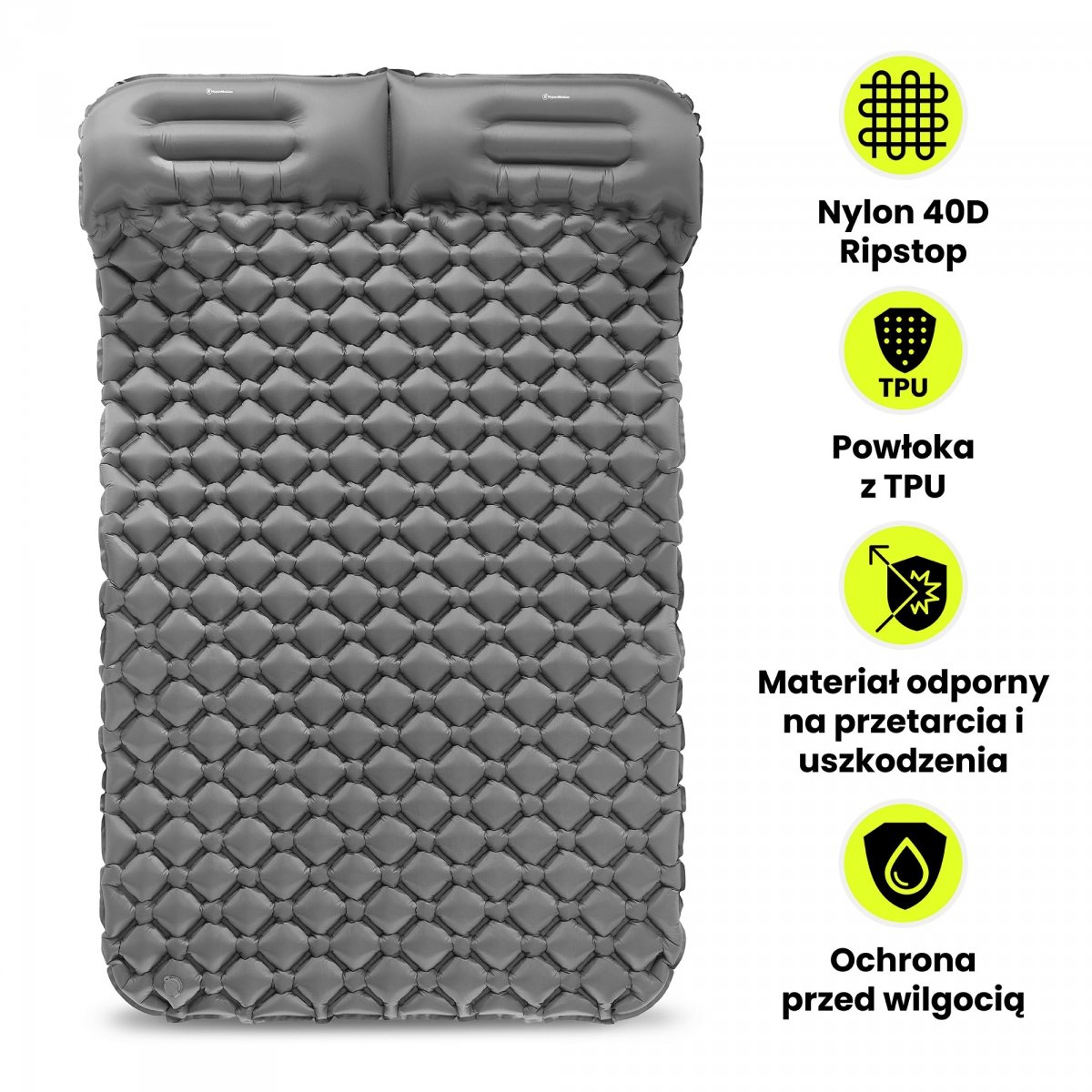 Ultralekki materac dmuchany dwuosobowy do spania na kemping i trekking HyperMotion Campmat – 190x120 cm – szary