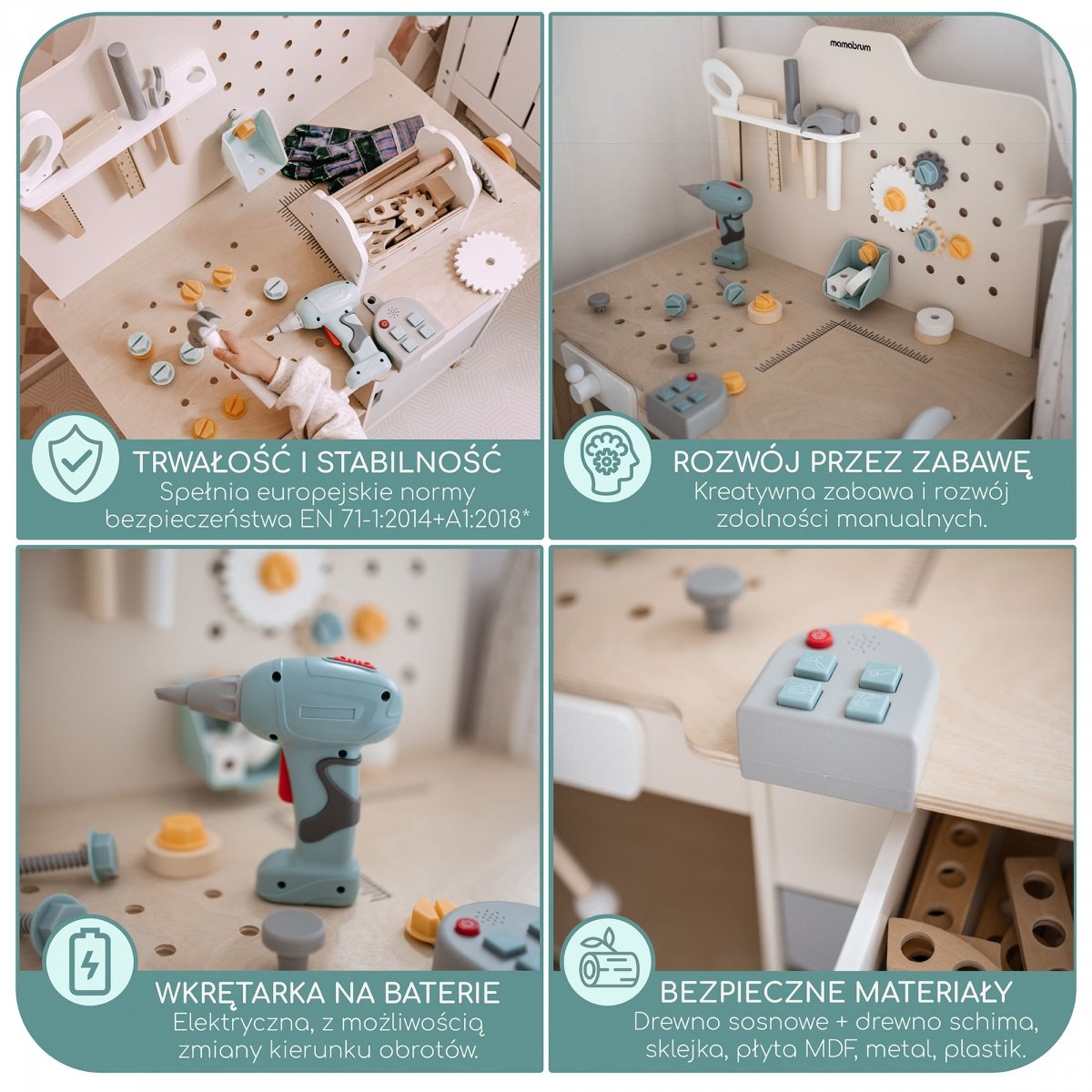 Duży drewniany warsztat z narzędziami XXL - zestaw majsterkowicza, 74 elementy