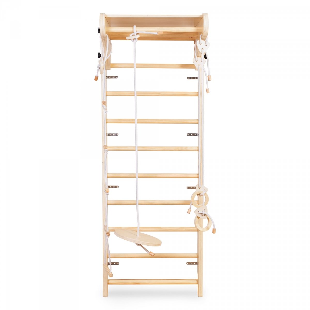 Drewniana drabinka gimnastyczna dla dzieci z akcesoriami – huśtawka talerzowa, kółka gimnastyczne i drabinka linowa