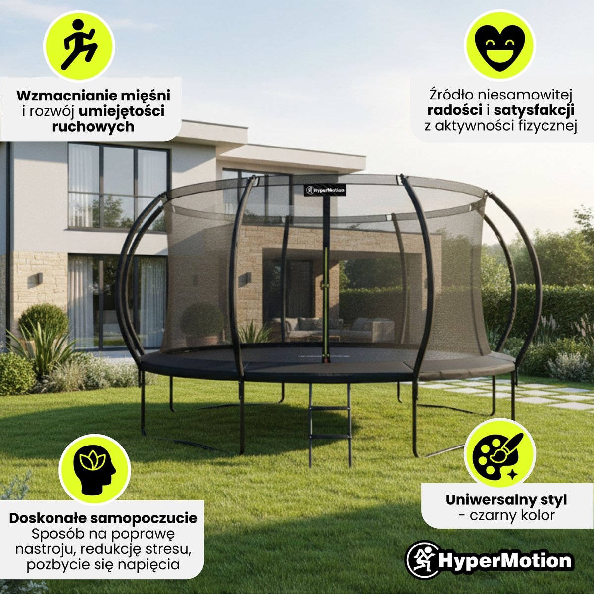 Trampolina ogrodowa XXXL dla dzieci HyperMotion - 430 cm 14FT - z drabinką i siatką wewnętrzną - do domu i ogrodu - 150kg max
