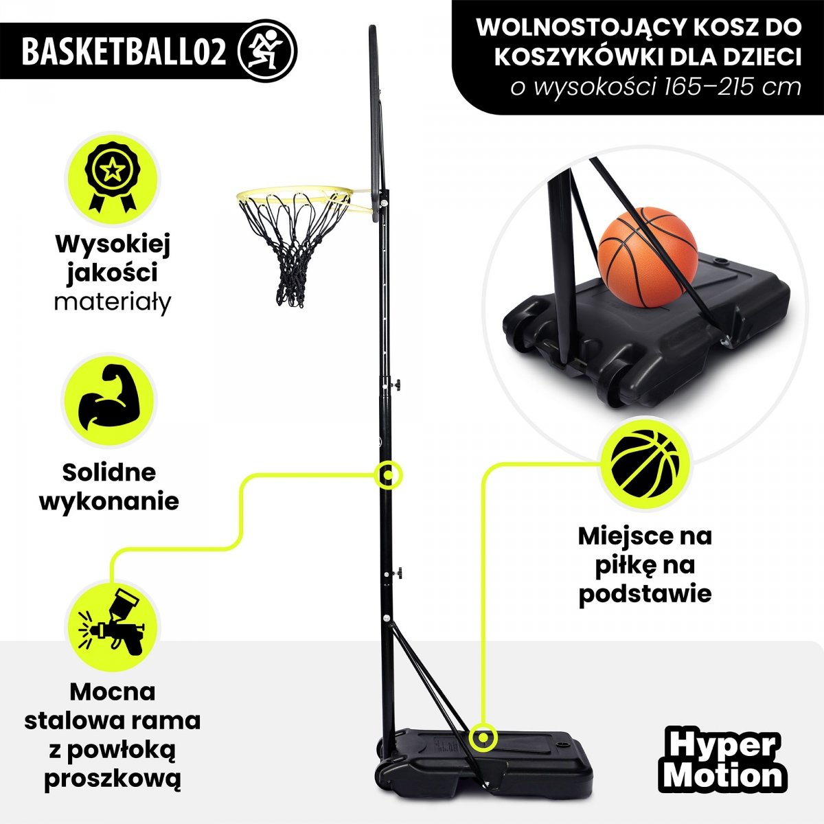  Wolnostojący kosz do koszykówki dla dzieci z regulacją wysokości 165–215 cm, tablica 82 × 58 cm - HyperMotion