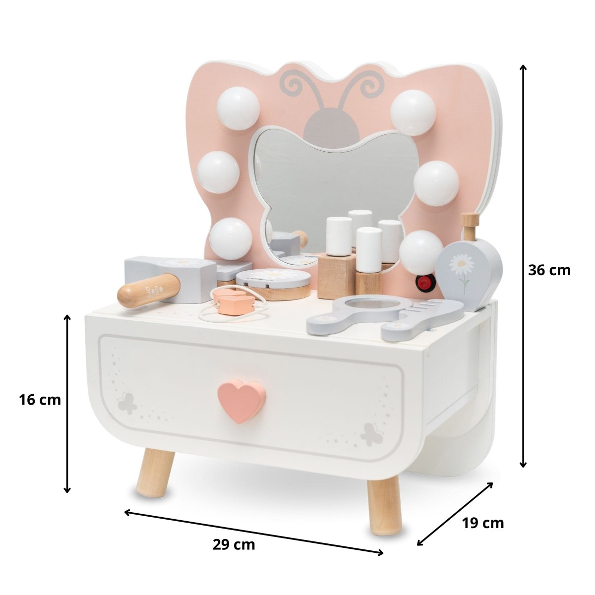 Drewniana mini toaletka z oświetleniem LED - Motylek