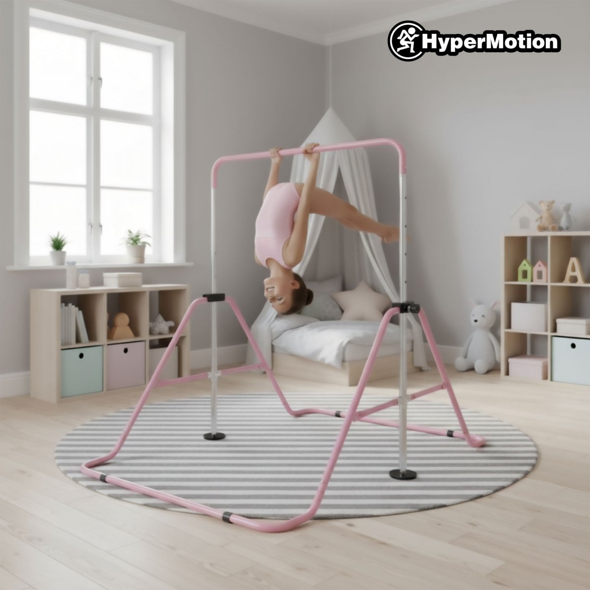 Regulowany drążek gimnastyczny dla dzieci - składany HyperMotion różowy