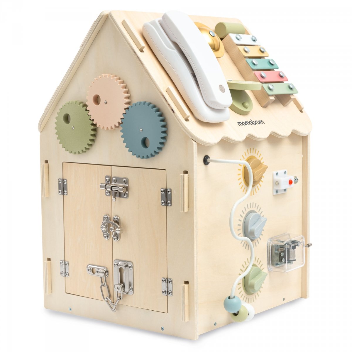 Drewniany, edukacyjny domek aktywności Montessori 6 w 1- sensoryczna tablica manipulacyjna