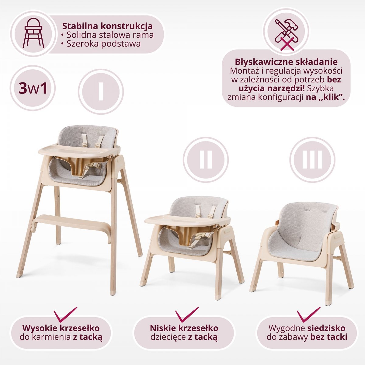 Składane krzesełko do karmienia Lumo 3w1, dwupoziomowe dla dziecka - Moby-System beżowe