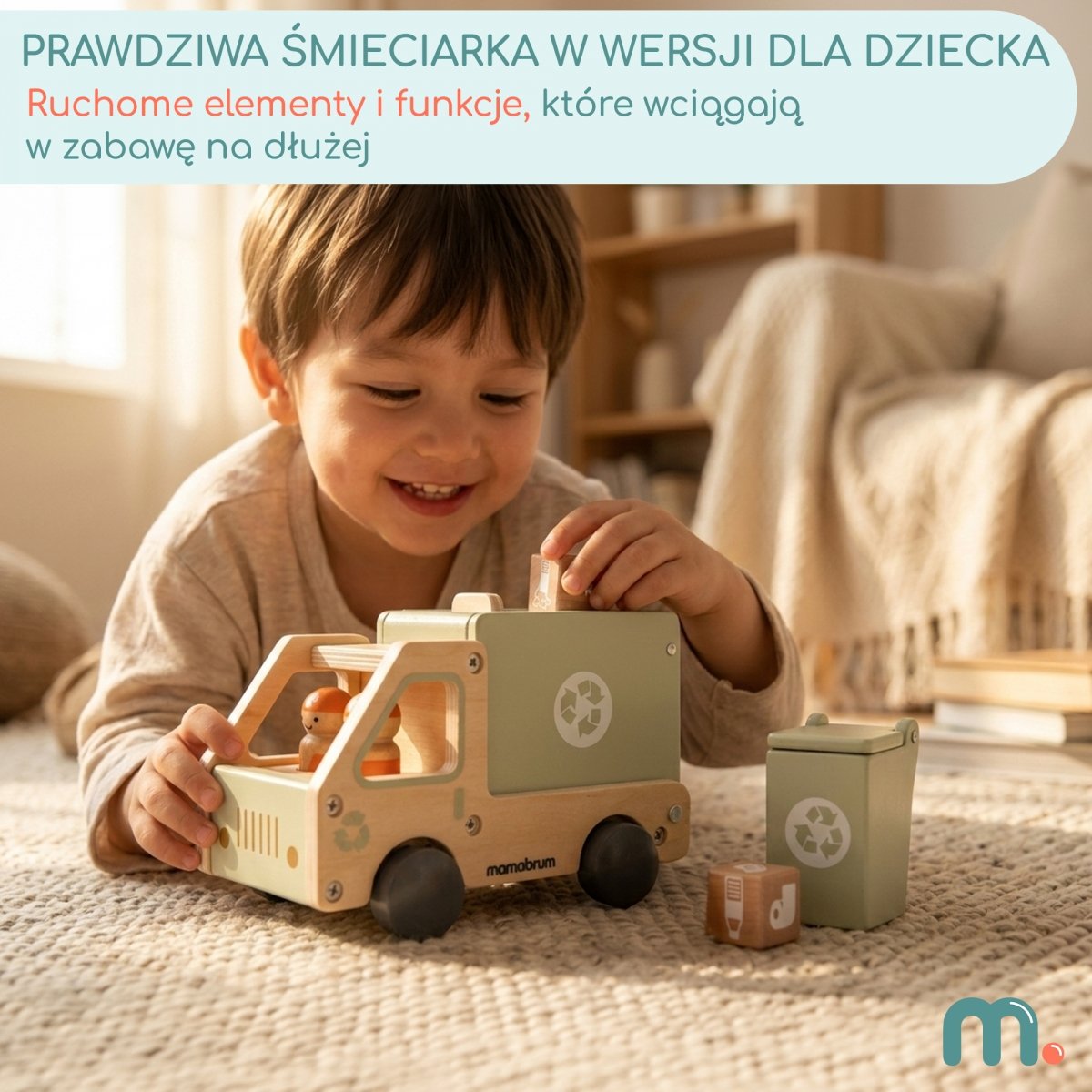 Drewniane auto do segregacji odpadów - śmieciarka z akcesoriami