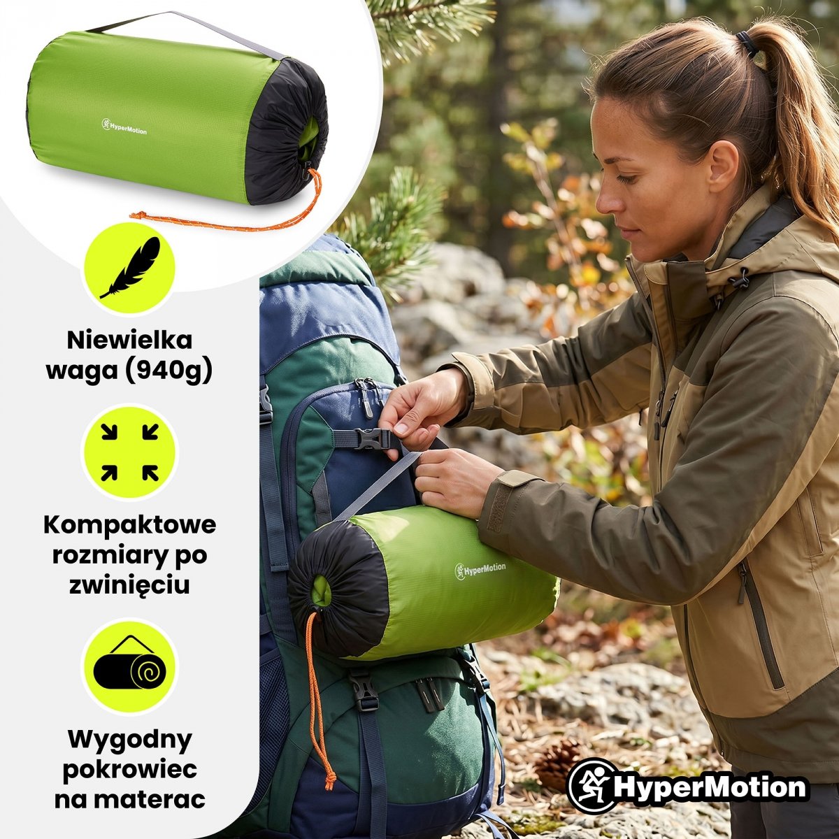 Ultralekki materac dmuchany dwuosobowy do spania na kemping i trekking HyperMotion Campmat – 190x120 cm – zielony