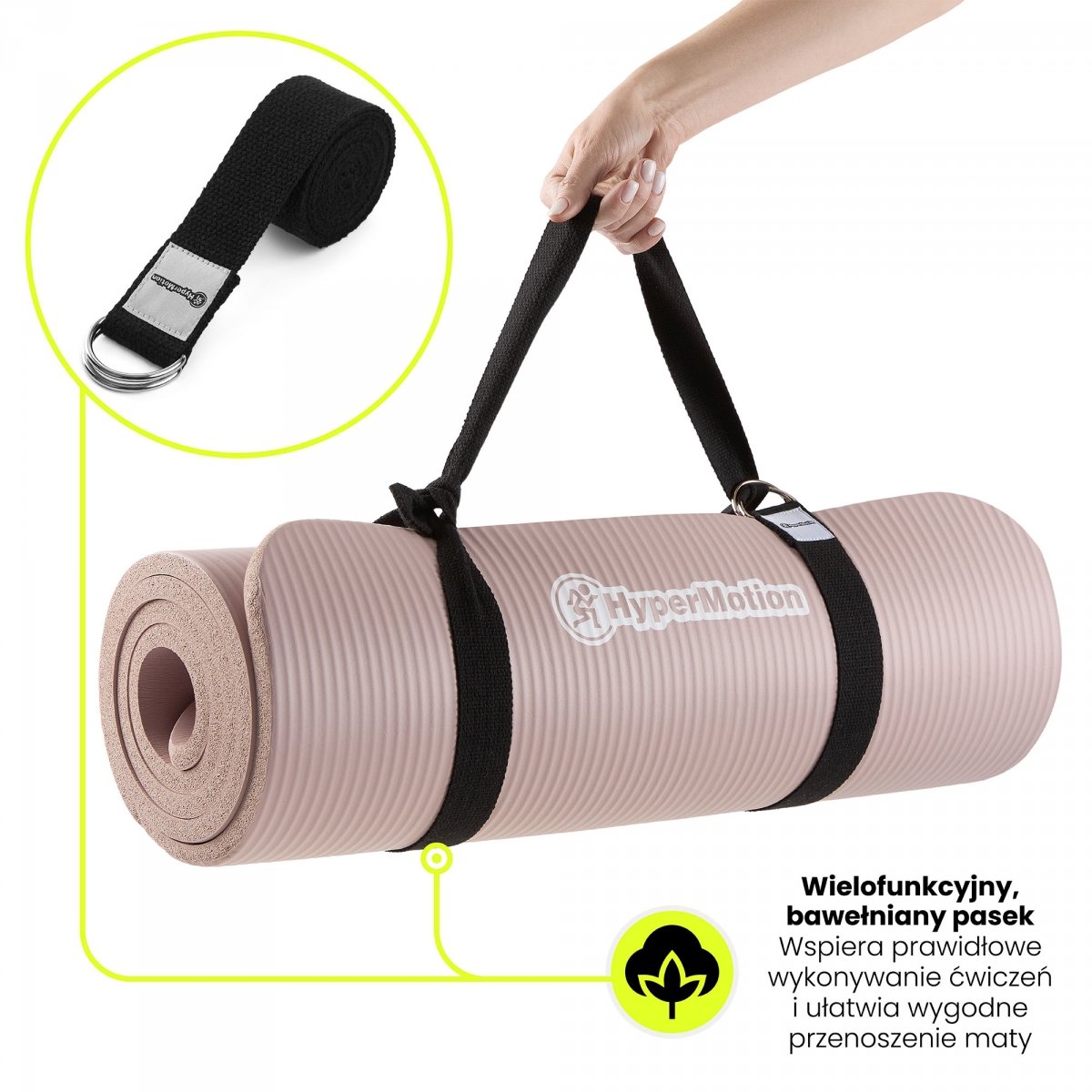 Mata do ćwiczeń fitness i jogi NBR z wielofunkcyjnym paskiem do ćwiczeń i przenoszenia - 183 x 61 x 1,5 cm HyperMotion - kolor brudny róż