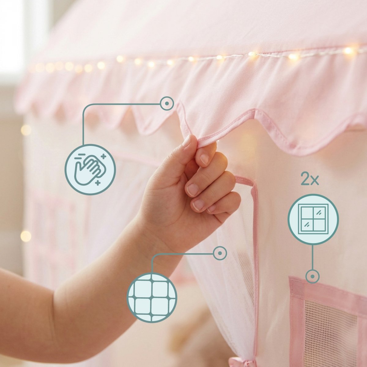 Domek składany XXL - namiot dla dzieci do zabawy, zamek z oknami, do pokoju i ogrodu, z lampkami LED - różowy