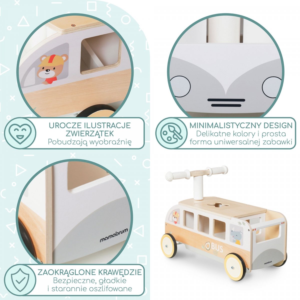 Drewniany jeździk Busik dla dzieci – Autobus z schowkami i przestrzenią na pluszaki