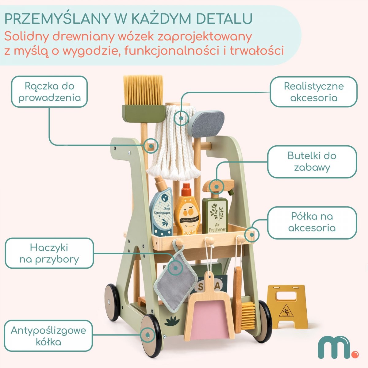Drewniany wózek do sprzątania na kółkach dla dzieci