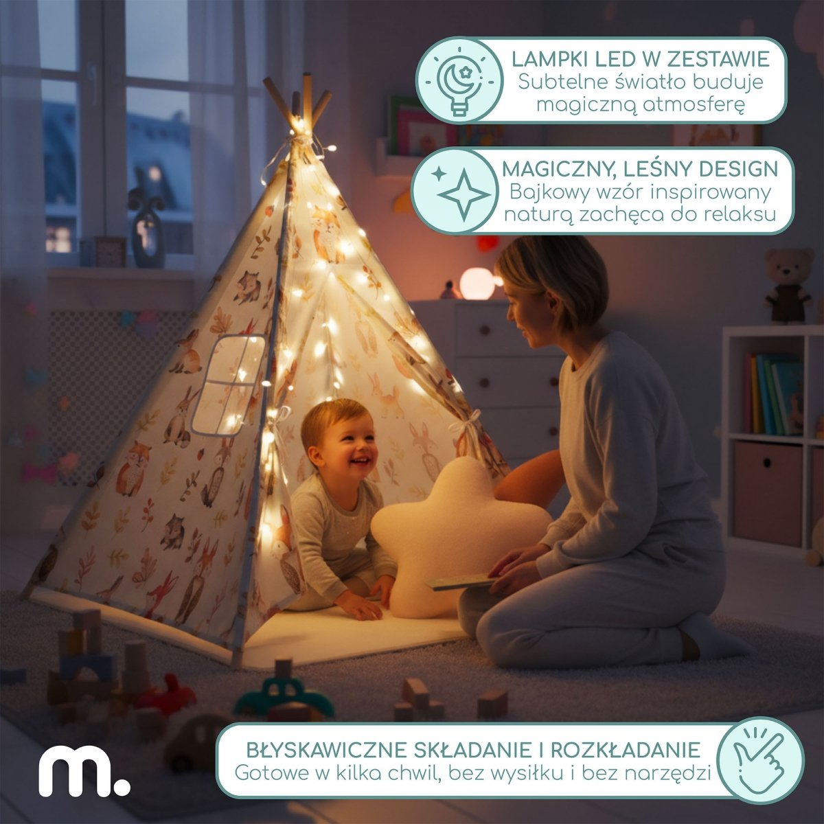 Tipi - namiot dla dziecka do pokoju z dywanem, poduszkami i światełkami LED - 135cm