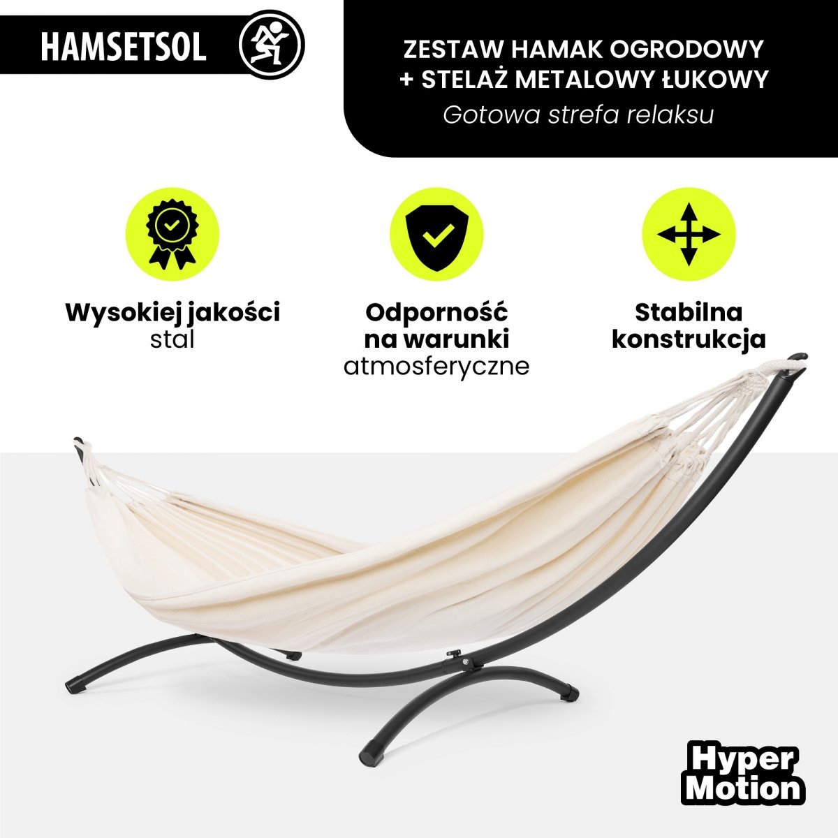 Zestaw hamak ogrodowy + stelaż metalowy łukowy – gotowa strefa relaksu